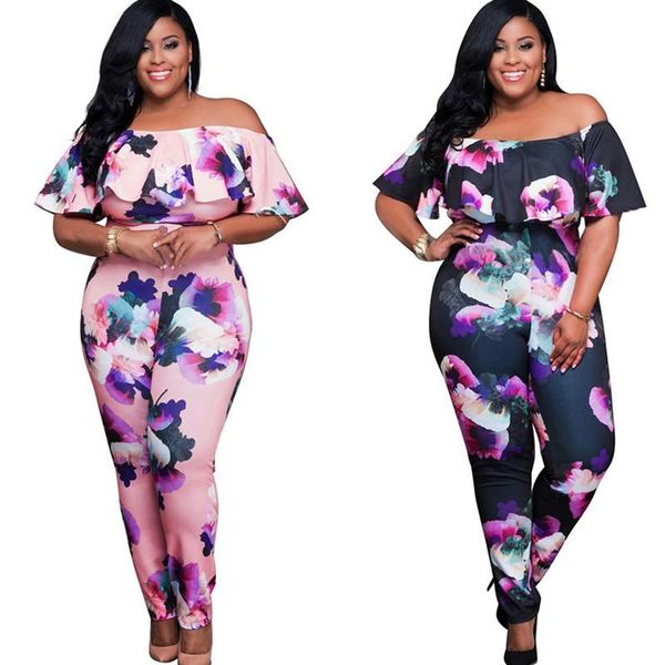 

summer plus big size jumpsuit women off shoulder floral print large romper overall lady casual female elegant women's jumpsuits & rompe, Black;white