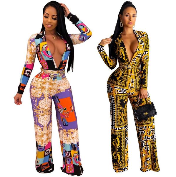 

smr9373 european and american women's jumpsuit fashion digital printing long-sleeved suit, Black;white