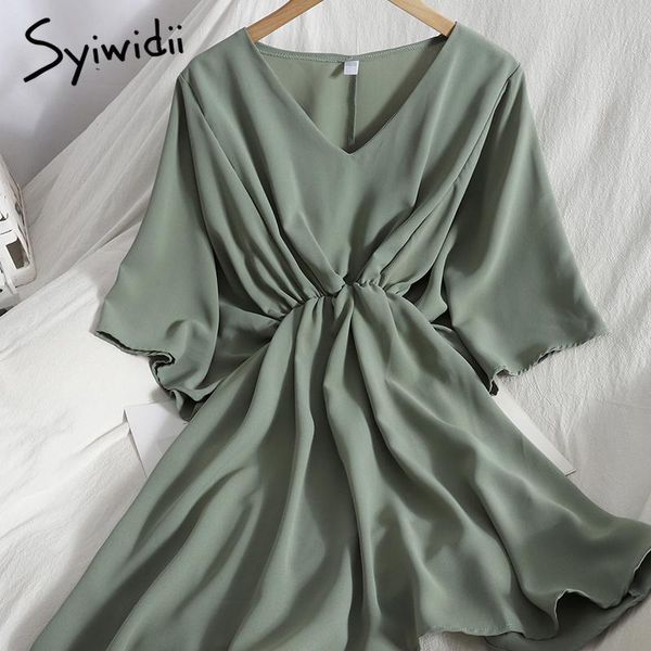 

casual dresses syiwidii loose elastic high waist women short sleeve v-neck a-line vintage green clothing 2021 summer fashion dress, Black;gray
