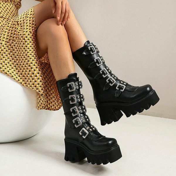 

boots buckle women's winter high leather block heel gothic platform shoes, Black