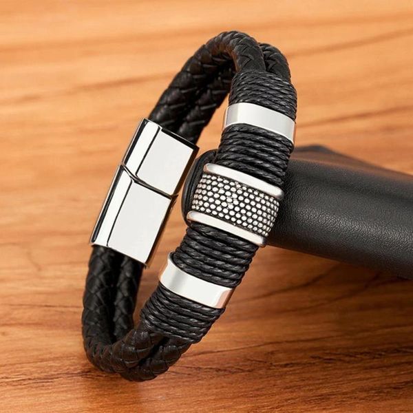 

charm bracelets man bracelet leather titanium alloy braided buckle men women magnetic clasp bangle vintage gift retro jewelry, Golden;silver