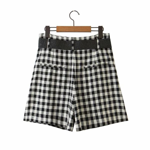 

zevity new women vintage plaid print buckle sashes bermuda shorts office lady chic pocket pantalone cortos p879 210304, White;black