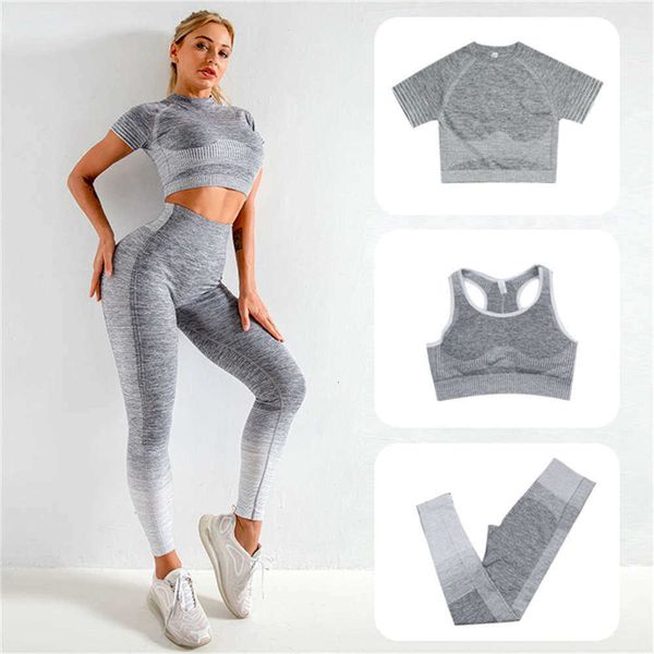 

3pcs seaml yoga set fitns cloth crop sportswear high waist women's tracksuit sports suits in gym indoor sports, Gray