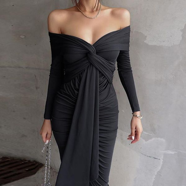 

casual dresses 2021 spring women's long sleeves bandage dress strapless v neck shawl cross ruffled tight mid-length party, Black;gray
