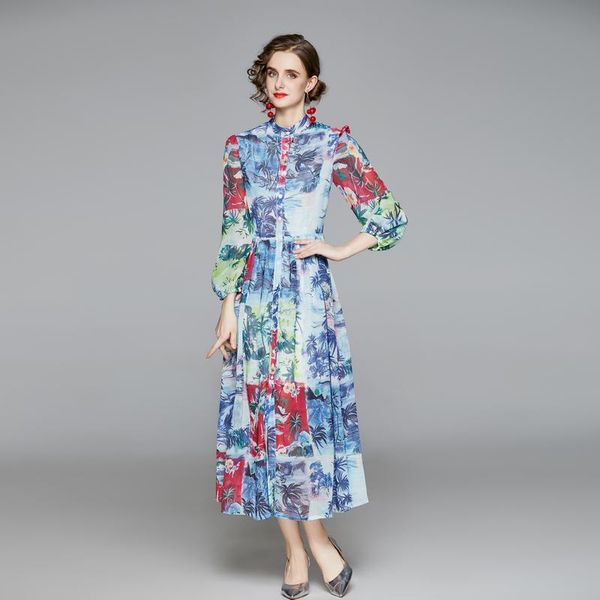 

casual dresses elegant floral print spring runway long dress women designers full sleeve vintage aline robe femme holiday vestidos, Black;gray