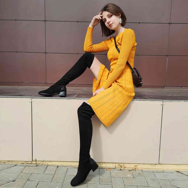 

boots qutaa women over the knee autumn winter square toe shoes stretch flock pu heel long size 34-43 6seh, Black