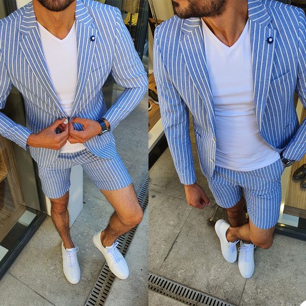 Short Pinstripe Groom Wedding smoking Uomo Beach Blue Giacker Suits Prom Party Business Business Suit Autfit (Giacca + Pantaloni)