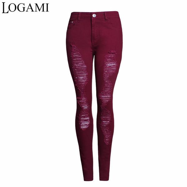 

women's jeans logami skinny ripped woman 2021 women denim pants jean slim femme wine red, Blue
