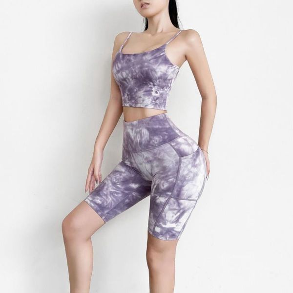 

yoga outfit wear sports suit women tie dye vest leggings high waist shorts set gym breathable stretch fitness clothes running female