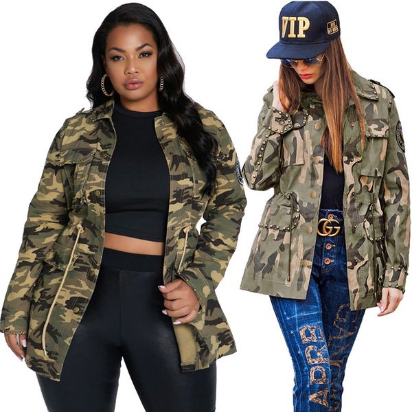 Roupas de primavera para mulheres Rebite Patch Plus Size Casaco Desenho Slim Streetwear Camuflagem Casaco de Manga Longa Venda Atacado Dropshipping