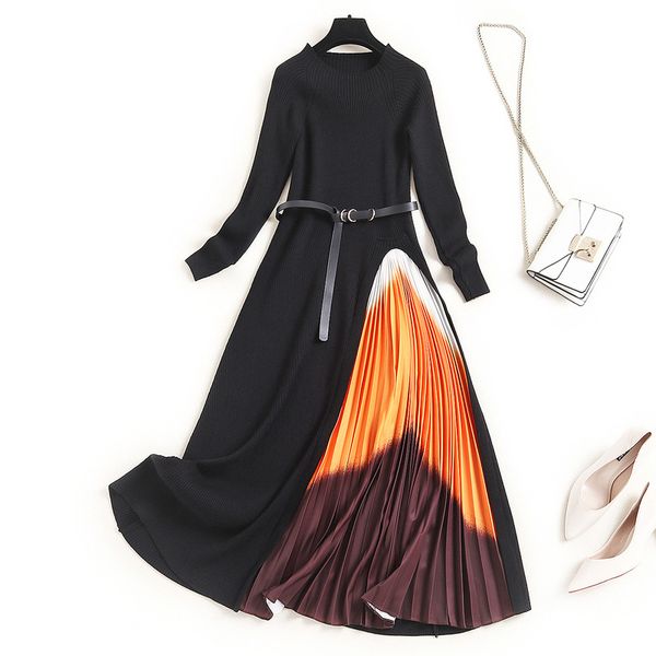 

dresses autumn winter elegant knitted patchwork gradient orange pleated women long sleeve sweater one-piece midi with belt, Black;gray