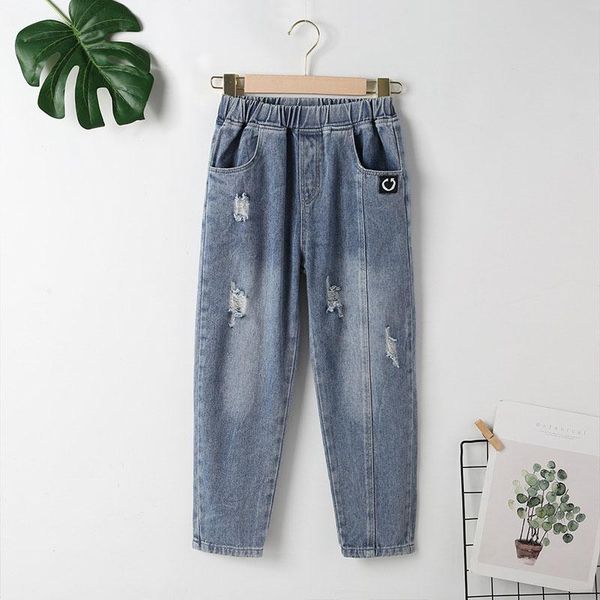 

jeans walinegha ripped for kids spring autumn boys girls casual trousers teenagers clothes elastic waist denim pants unisex, Blue