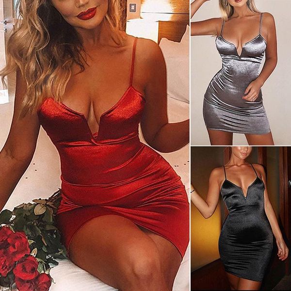 

casual dresses deep v neck satin party dress women spaghetti strap backless mini skinny, Black;gray