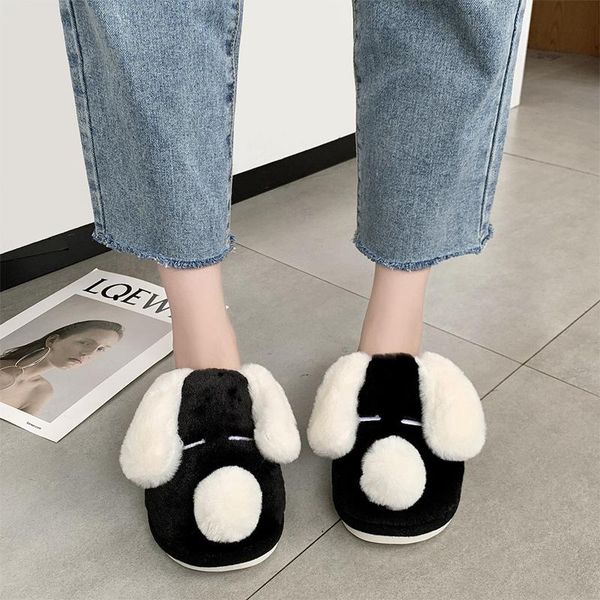 

women short plush slippers slide winter 2021 women's warm lady cute cartoon home shoes autumn indoor shoe female drop, Black