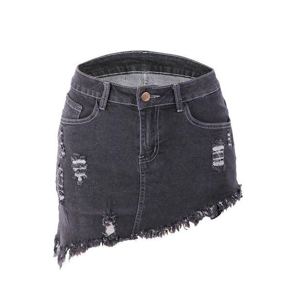 

skirts women skirt spring broken hole women's washed denim irregular, Black