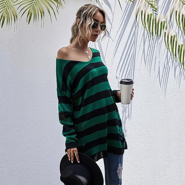 

women's sweaters kniited sweater v-neck green black striped long lenth hole frayed casual streetwear loose oversize autumn 2021, White;black