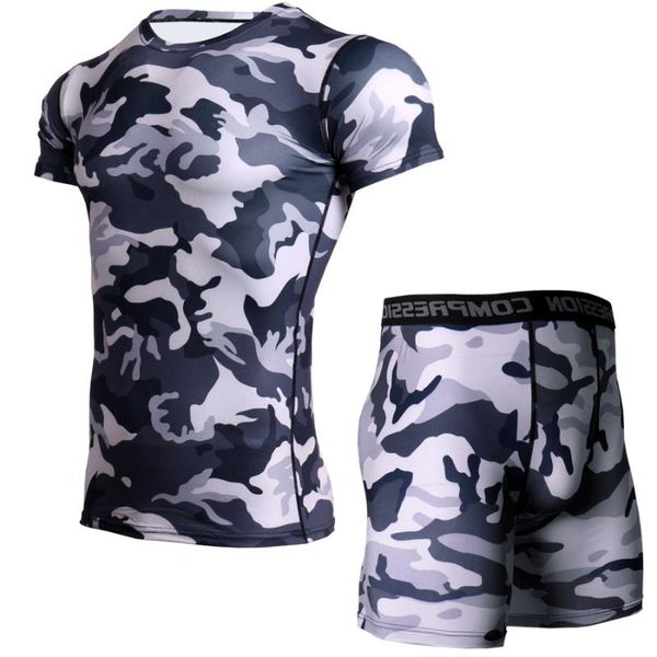 

men's tracksuits camouflage fitness t-shirt men compression set bodybuilding short leggings quick dry rashguard gyms clothes, Gray