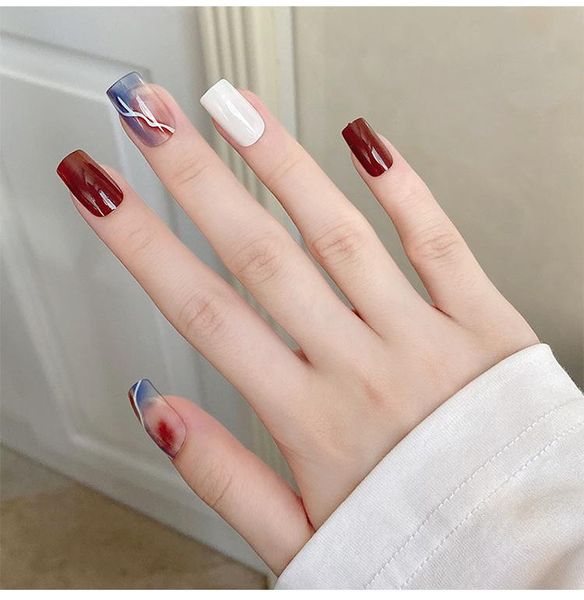 

false nails 24pcs wine red nail patch glue type removable long paragraph fashion manicure save time sk88, Red;gold