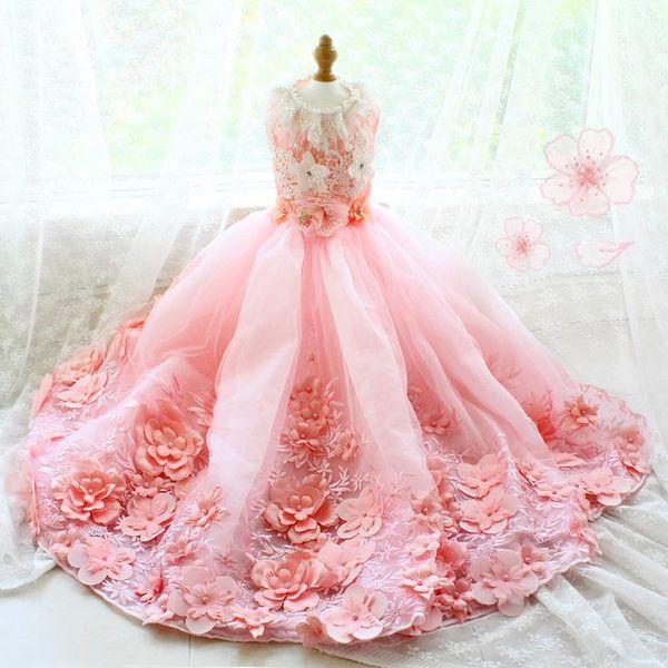 

dog apparel handmade luxurious clothes wedding gown trailing princess dress pink evening party 3d flower embroidery skirt