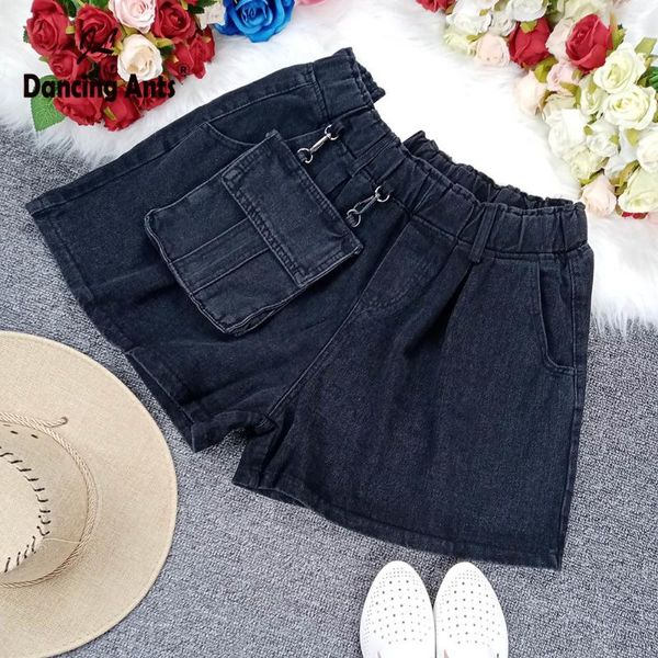 

women's jeans woman shorts elastic high waist wide leg denim big pocket pants, Blue