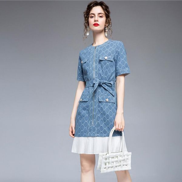 

korean women denim dress spring summer fashion temperament elegant zipper designer pleated splicing jeans dresses femme w1308, Black;gray