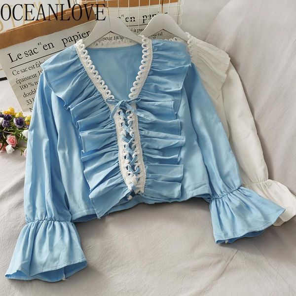 

women's blouses & shirts oceanlove 2021 autumn women v neck ruffles long flare sleeve korean sweet blusas mujer fashion 17778, White