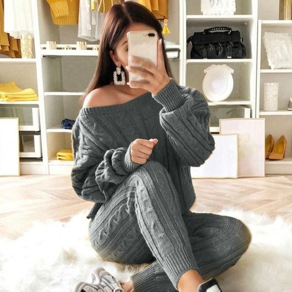 

yoga outfit 2pcs winter solid color shoulder sweater pants women knitted pajamas set o neck suits streetwear joggers tracksuit