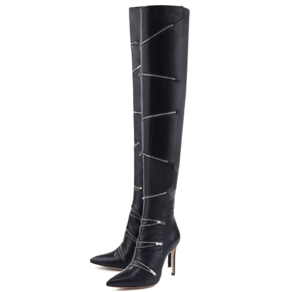 

boots fashion zipper design winter outdoor warm plush daily shoes over the knee black high heel women pumps big size 46