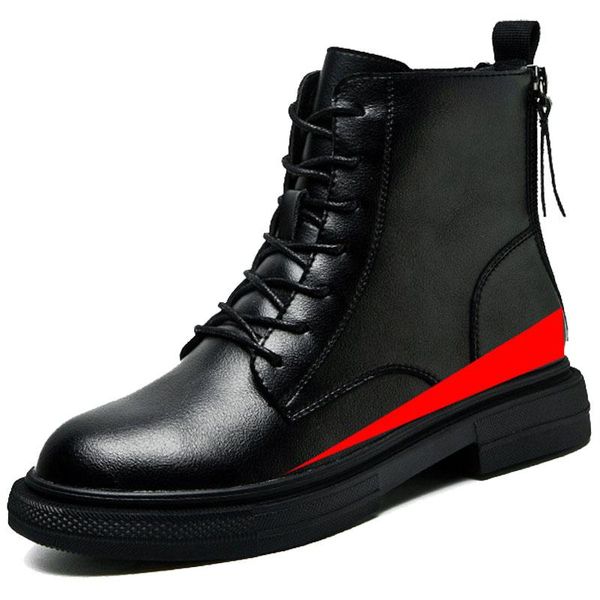 

boots women back zipper leather thick heel ankle autumn winter black fashion inner height plus velvet shoes