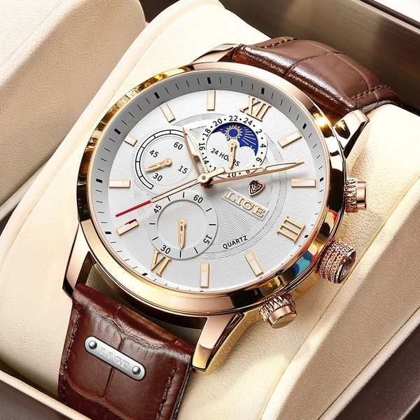 

2021 lige new brown leather mens watch brand fashion waterproof watch for men sport date quartz wirstwatch relogio masculinog, Slivery;brown