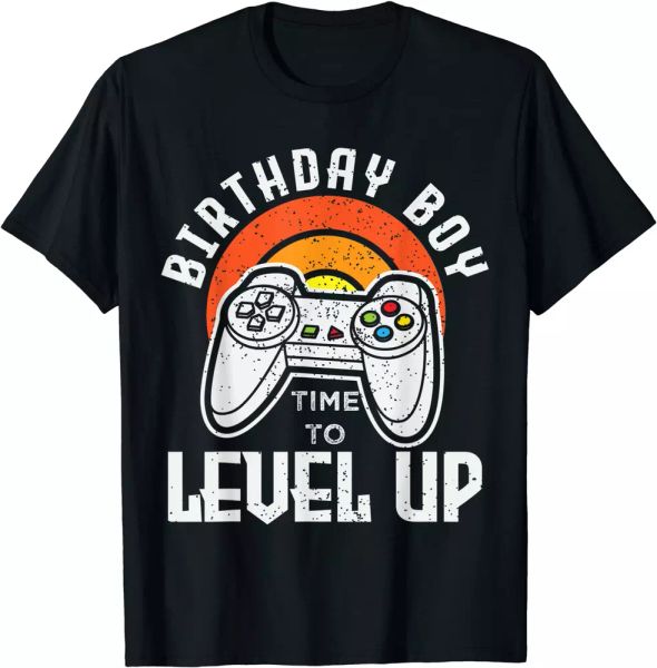 

distressed vintage birthday boy time to level up t-shirt, White;black