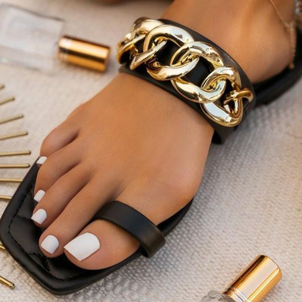

sandals summer square toe metal chain slippers female large size beach slip on flip flops fashion women shoes, Black