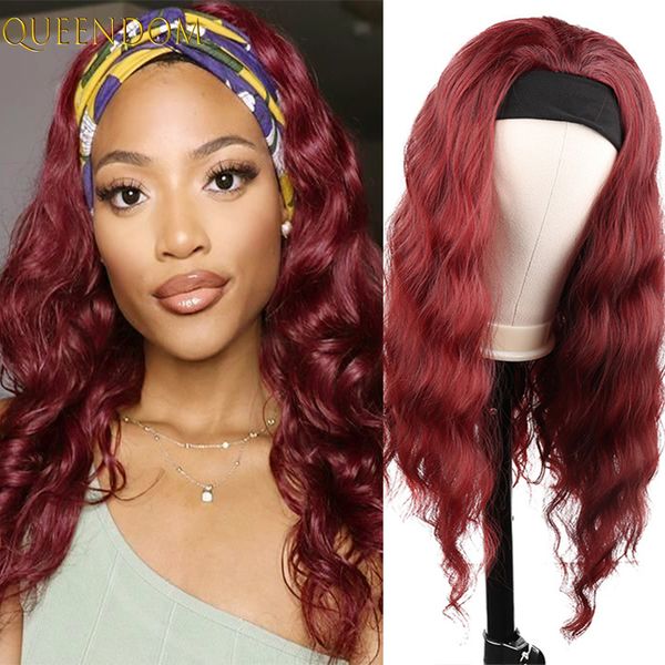 

red ocean wave headband wig african american natural wave wigs with turban synthetic body wave false hair cosplay wigs for women, Black