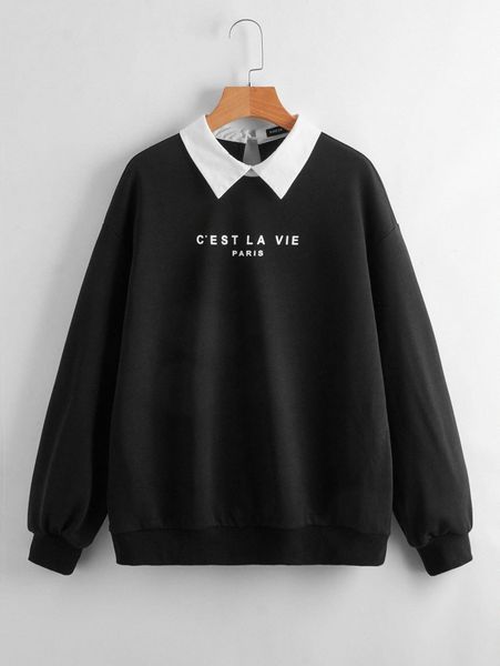 

contrast collar slogan graphic drop shoulder pullover v3dm#, White;black
