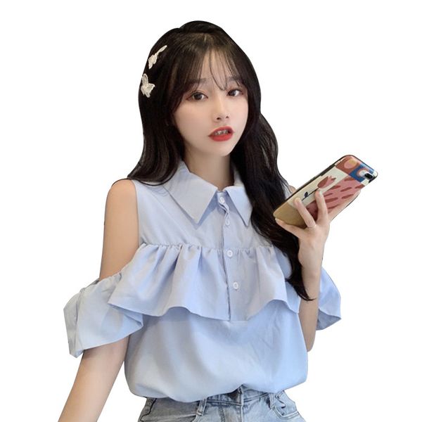 

korean style ruffle blouse and summer off shoulder sweet vintage white shirts fashion elegant women clothes, White;black