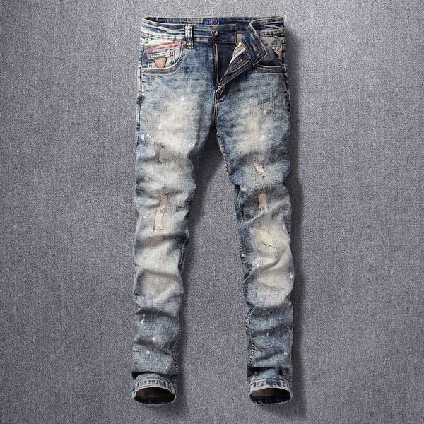 

men's jeans fashion streetwear retro gray blue ripped elastic cotton slim fit painted designer denim pants 8vy1