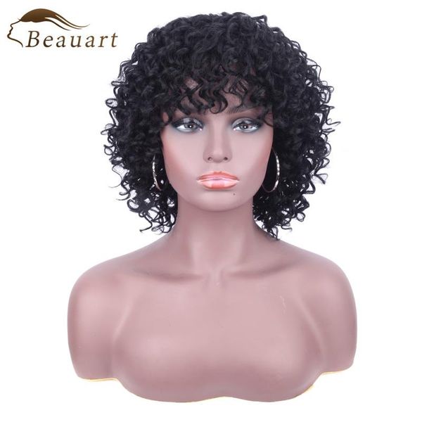 

lace wigs beauart afro curly 100% human hair full wig 12"short natural curls with bangs for black women bob cut machine, Black;brown
