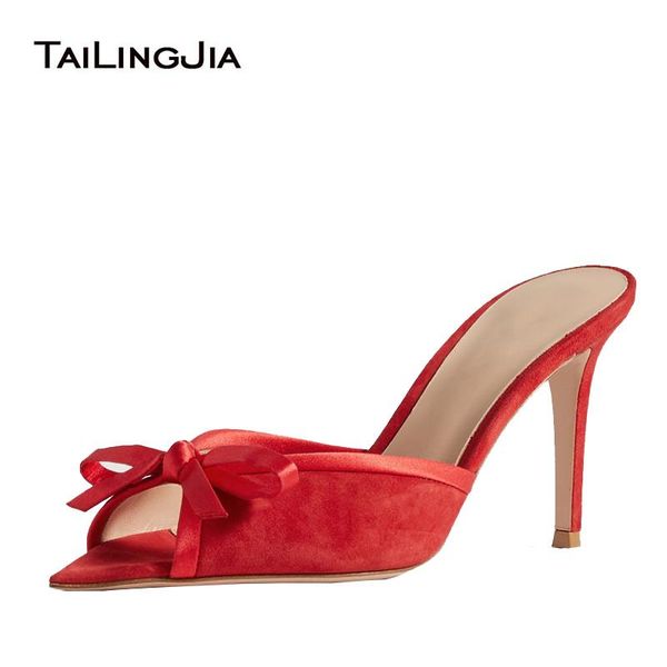 

pointed peep toe high heel sandals red heeled mules women heels with bow 2021 ladies slides summer party evening dress shoes, Black
