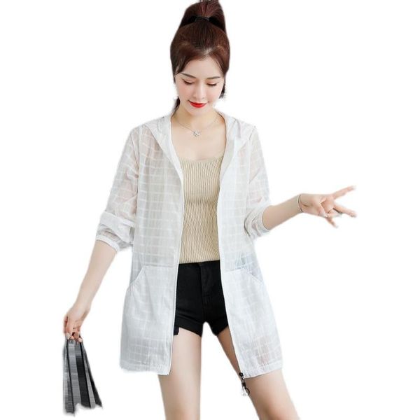 

outerwear long sleeve stylish coats thin zipper lattice hooded coat loose 2021 summer white jacket women women's jackets, Black;brown