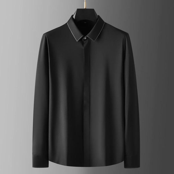 

men's casual shirts classic solid color autumn long sleeve slim fit business formal dress shirt men social party tuxedo blouse, White;black