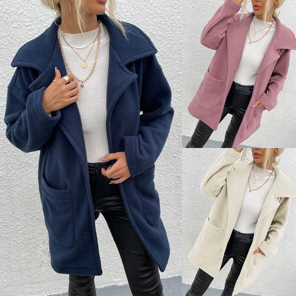 

women's wool & blends products 2021 autumn and winter suit collar solid color ladies long plush coat jacket women, Black