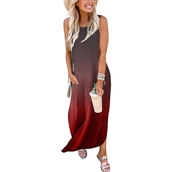 

casual dresses women beach summer dress 2021 gradient colours long with pocket sleeveless split maxi loose streetwear, Black;gray