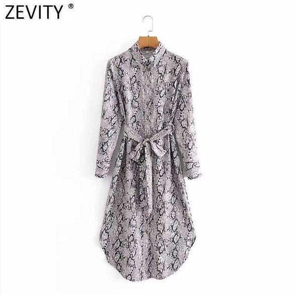 Zevidade Mulheres Sexy Snake Pele Impressão Curva Amarrado Sashes Midi Vestido Escritório Senhora Manga Longa Negócio Casual Uma Linha Vestido DS4771 210603