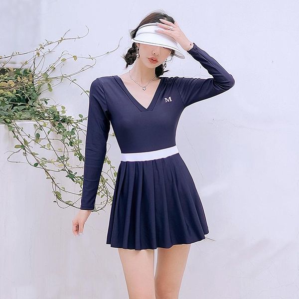 

one-piece suits v neckline one piece long sleeve swimsuit for pool plus size swimwear swimdress with skirt bathing suit women swimming