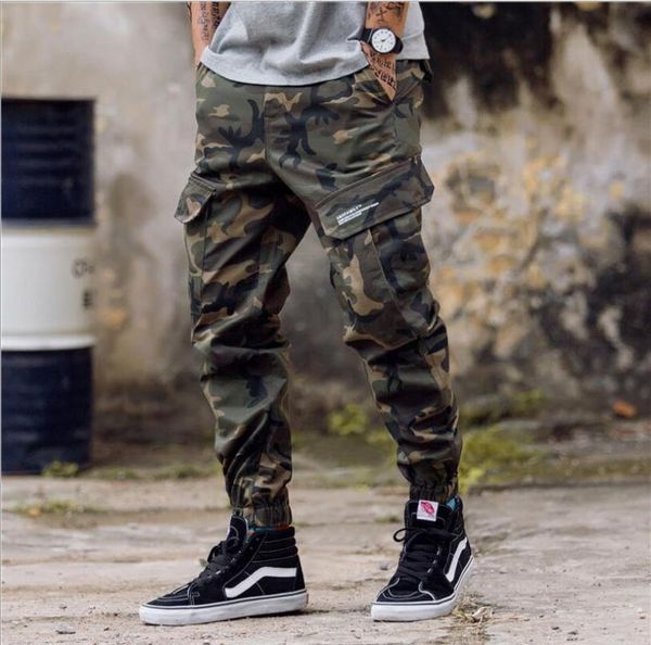 

hip streetwear men's camouflage joggers pants 2021 men women cotton cargo pant trousers elastic waist harem, Black