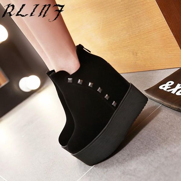 

boots rlinf punk autumn and winter high heels waterproof platform slope with red rivets zipper fashion women's, Black
