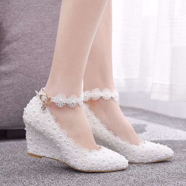 

sandals pearl lace wedge high heels women fashion shallow mouth buckle banquet dress pointed shoes bride bridesmaid wedding o, Black