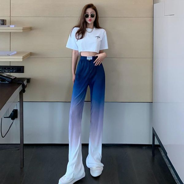 

women's pants & capris little summer thin high waist straight relaxed draping casual ice silk gradient wide leg pant, Black;white