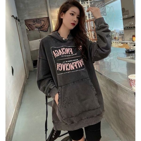 

brand hoodie autumn and winter national style cotton medium long print korean temperament commuter lazy wind loose grey pullover coat, Black