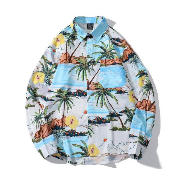 

men's casual shirts 2021ins tide brand high street long-sleeved flower shirt beach full-print hawaiian autumn and winter cardigan men, White;black